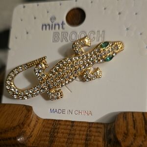 Mint Gold and Silver Lizard Brooch with Green Eyes